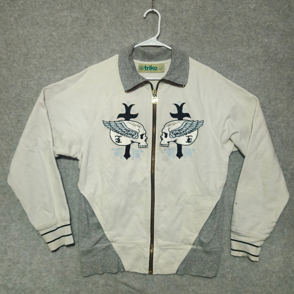 Triko Track Jacket Mens Large White Gray Y2K Skulls Wings Goth Streetwear Zip Up